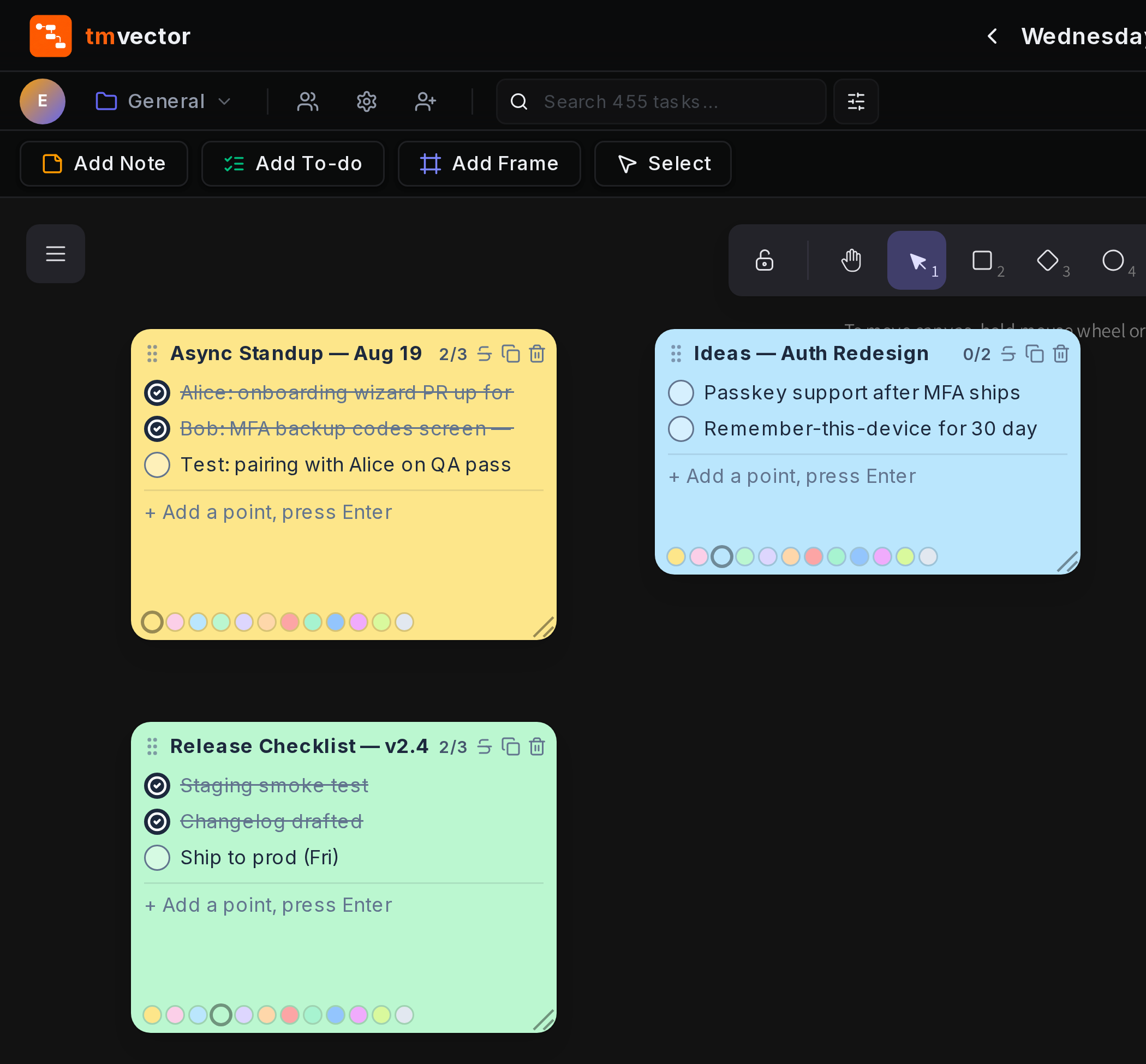 Canvas journal with sticky notes and checklists