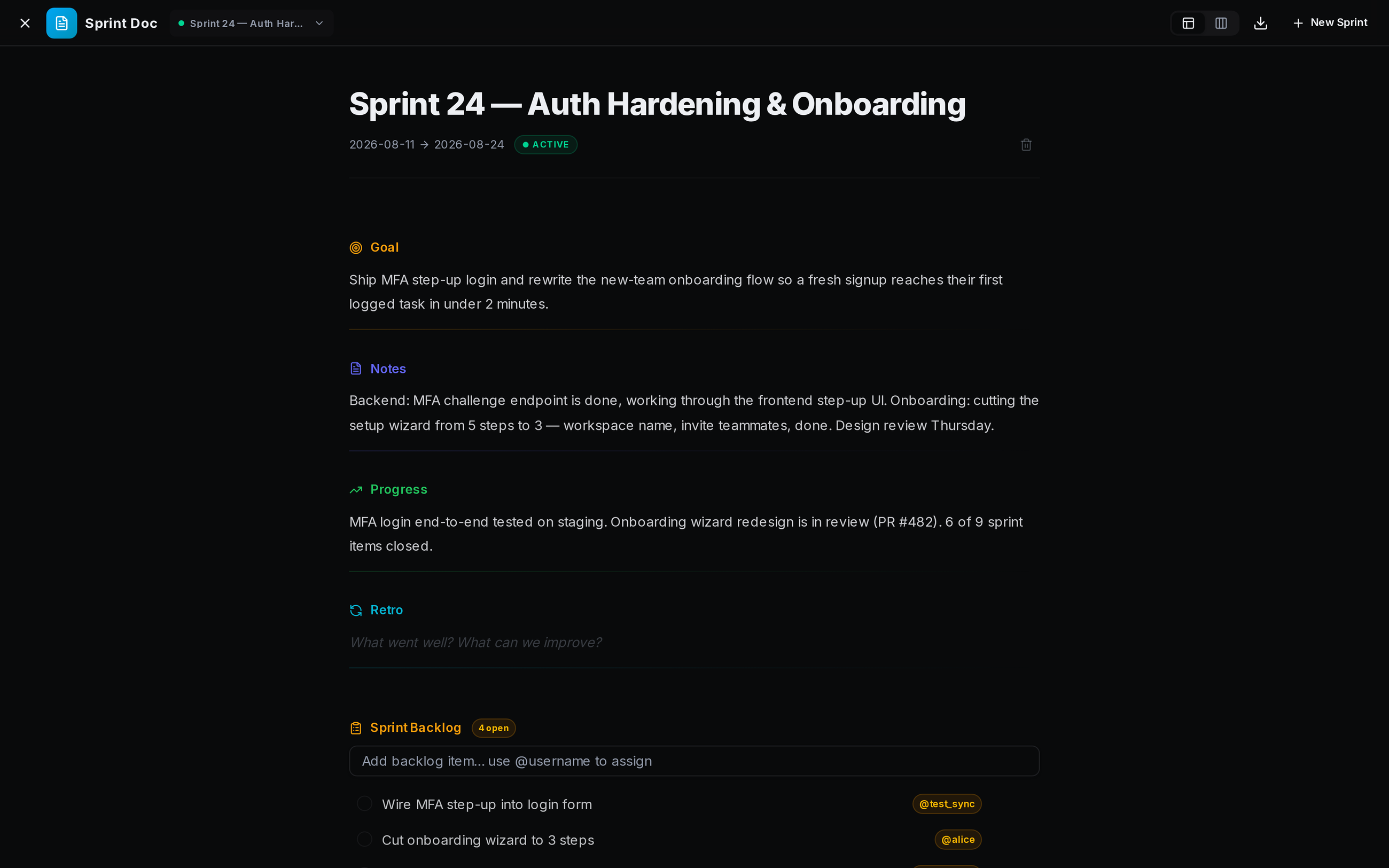 Sprint document with goal, notes, progress, and backlog